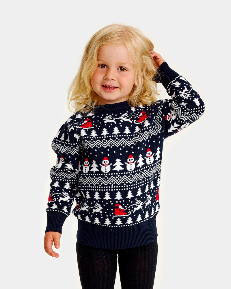 Organic Cotton Girls Ugly Christmas Sweater with Trees, Snowmens and Santa