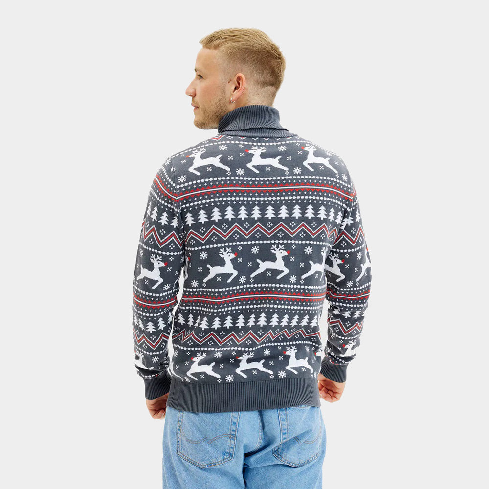 Organic Cotton Men's Turtleneck Grey Ugly Christmas Sweater with Reindeers