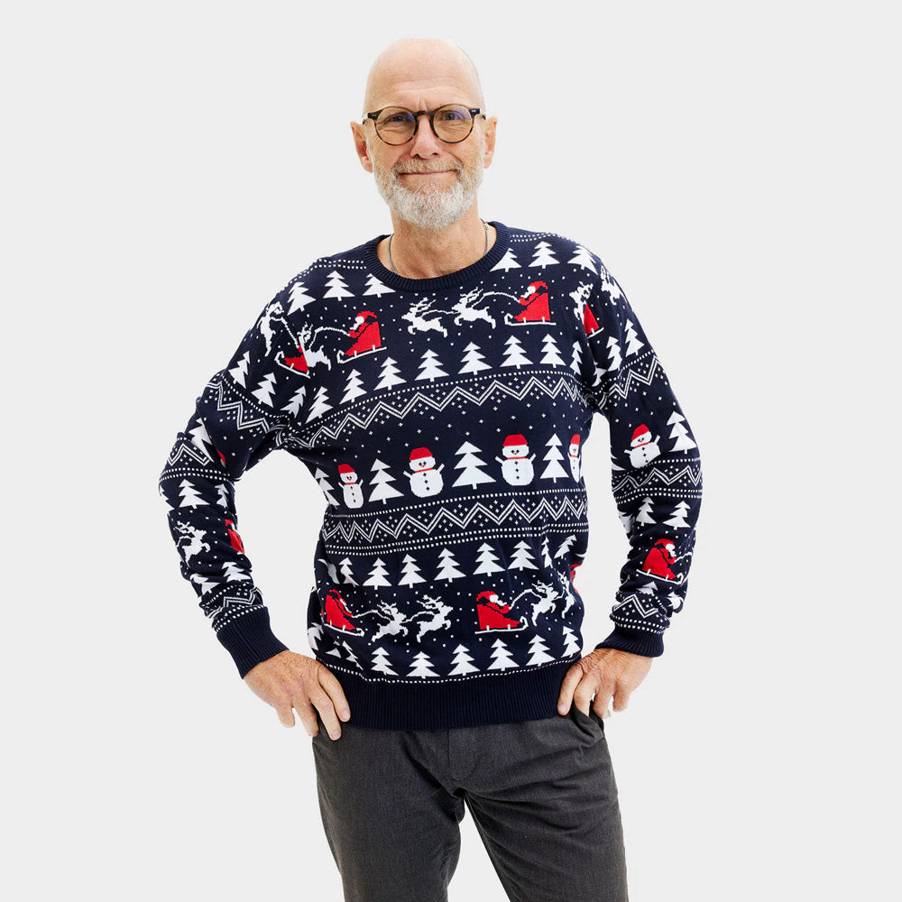 Organic Cotton Mens Ugly Christmas Sweater Trees Snowmens Santa
