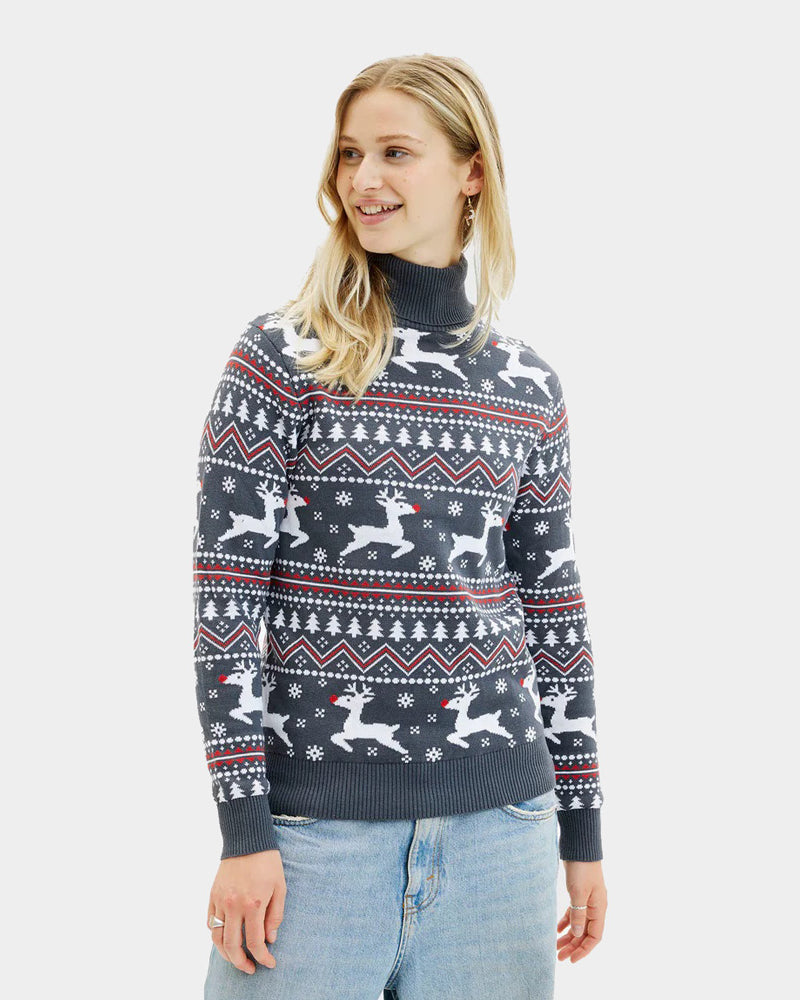Organic Cotton Women's Grey Ugly Christmas Sweater with Reindeers Turtleneck