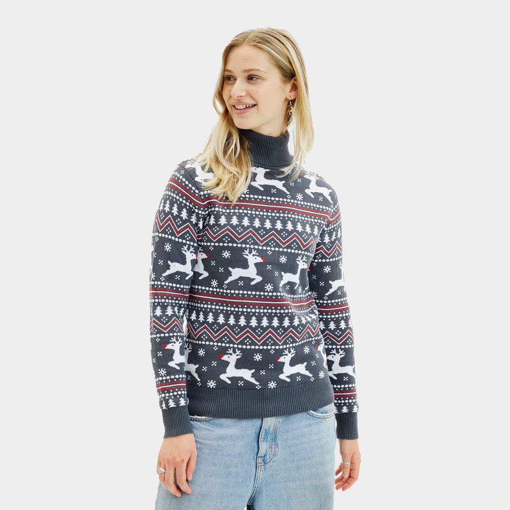 Organic Cotton Women's Grey Ugly Christmas Sweater with Reindeers Turtleneck