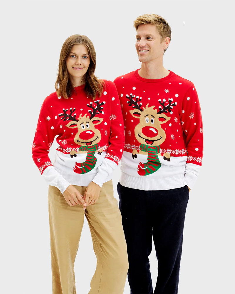 Organic Cotton Womens Mens Ugly Christmas Sweater Reindeer with Scarf