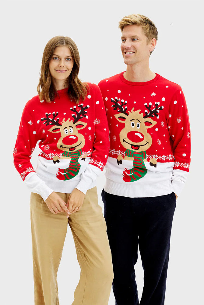 Organic Cotton Womens Mens Ugly Christmas Sweater Reindeer with Scarf