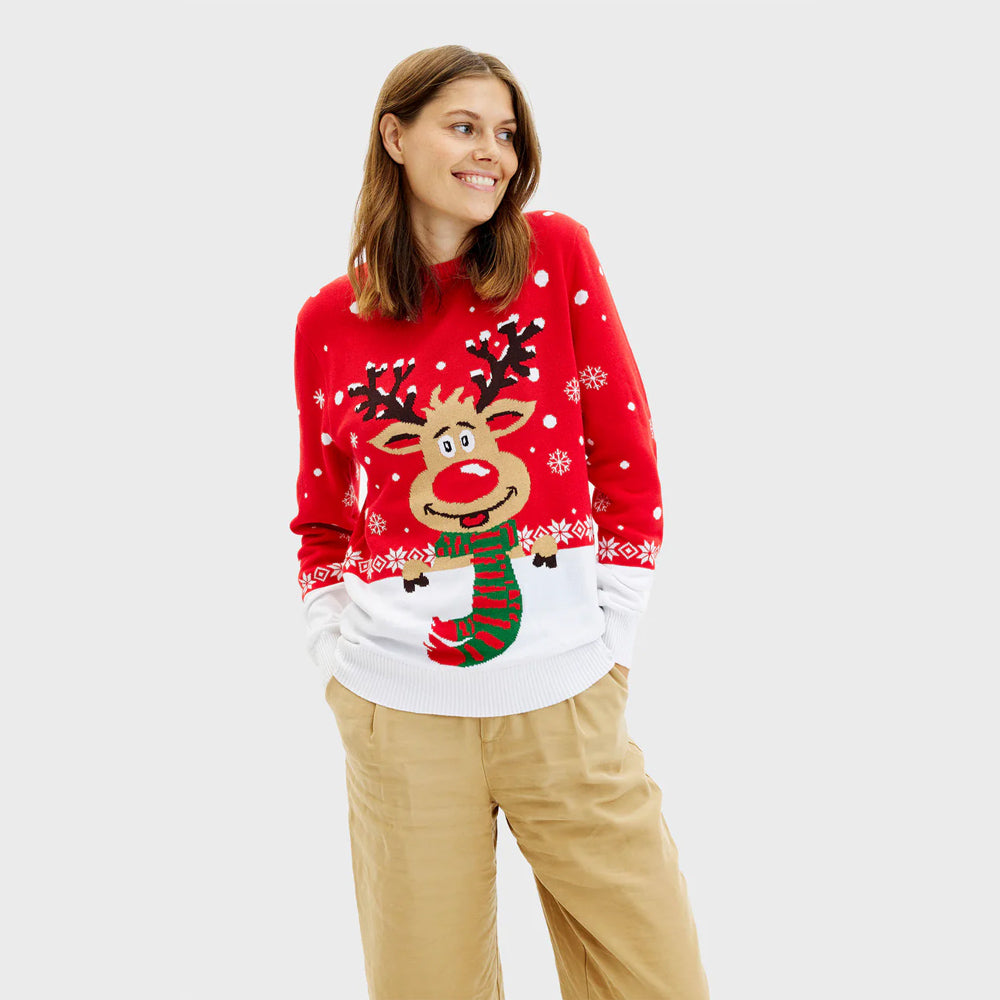 Organic Cotton Womens Ugly Christmas Sweater Reindeer with Scarf