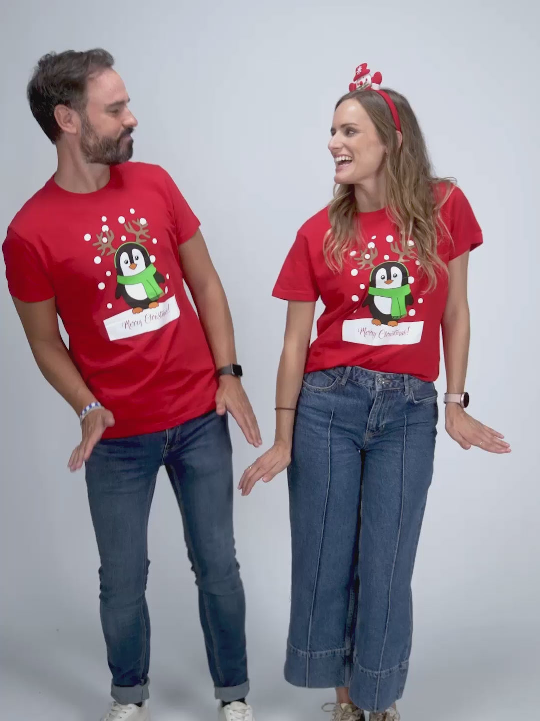 Red Mens and Womens Ugly Christmas T-Shirt with Penguin