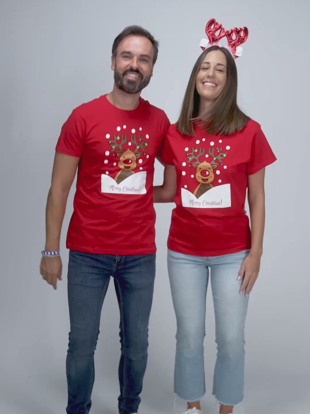 Red Mens and Womens Ugly Christmas T-Shirt with Rudolph Reindeer