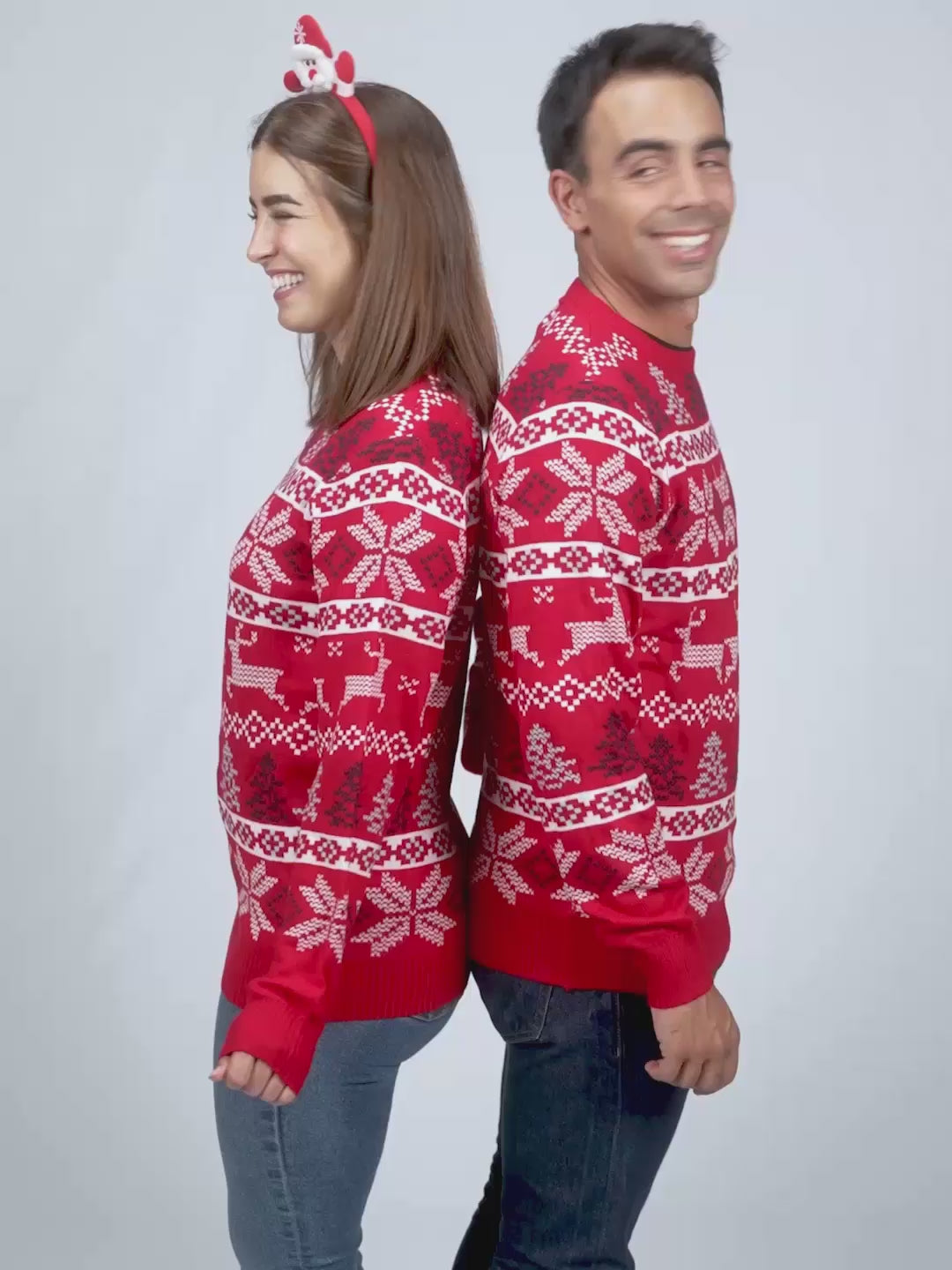 Classic Red Red Womens and Mens Ugly Christmas Sweater with Reindeers and Polar Stars