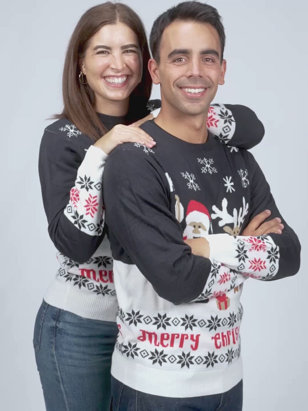 Blue Womens and Mens Ugly Christmas Sweater with Santa and Rudolph