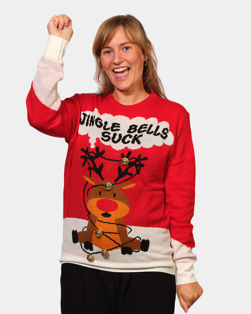 womens Red 3D Jingle Bells Suck Couple's Ugly Christmas Sweater