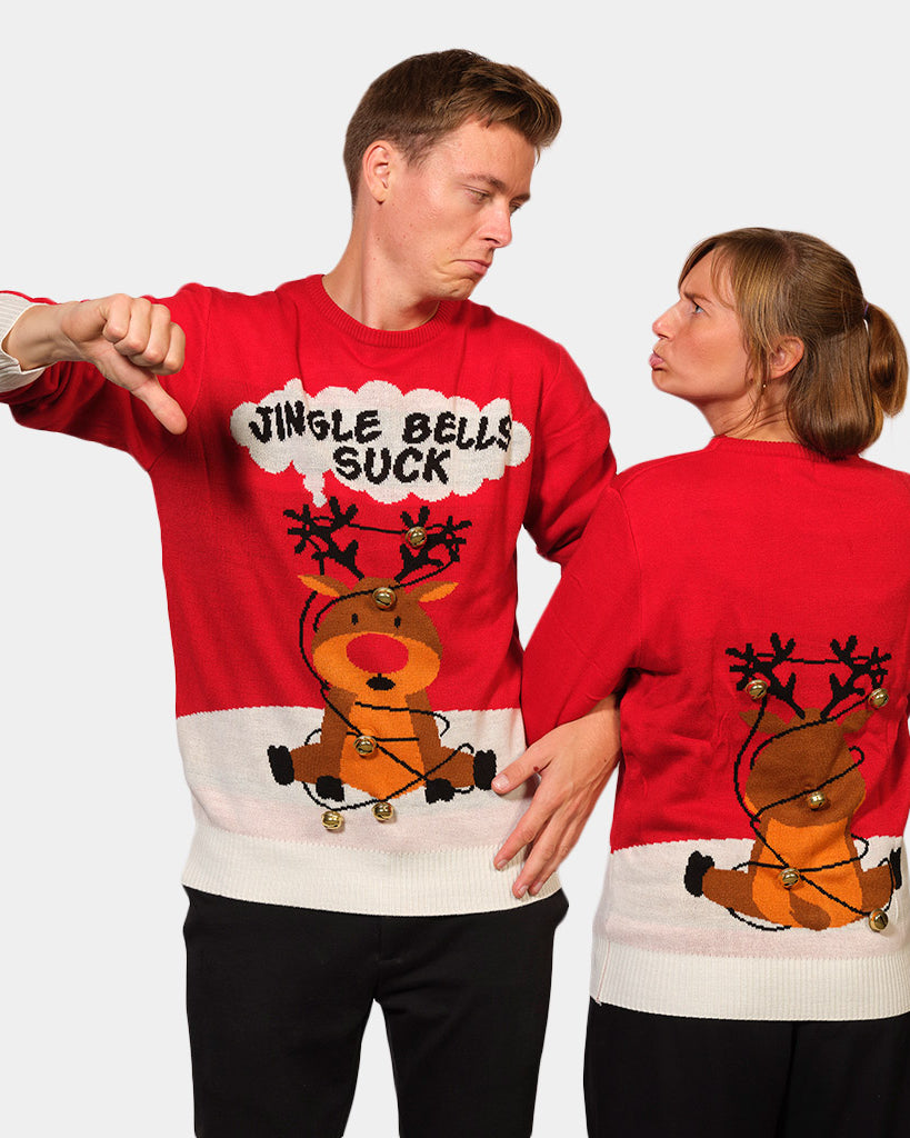 Red 3D Jingle Bells Suck Couple's Ugly Christmas Sweater