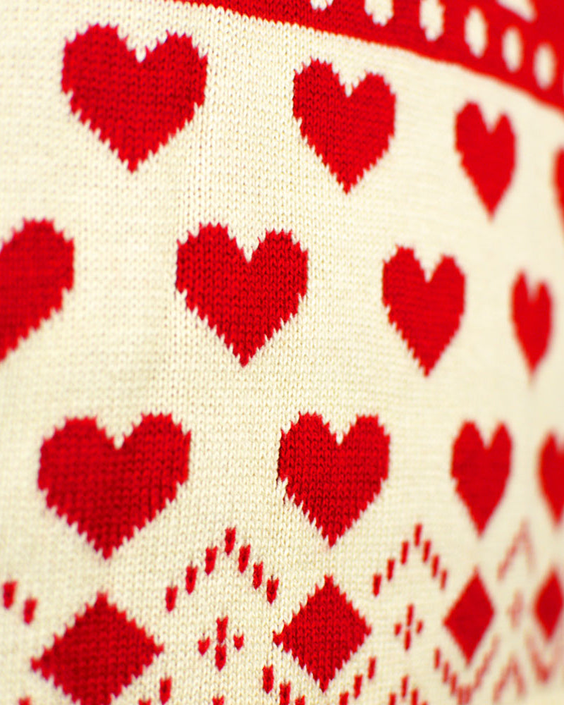 Red Beige Organic Cotton Couples Ugly Christmas Sweater Hearts detail
