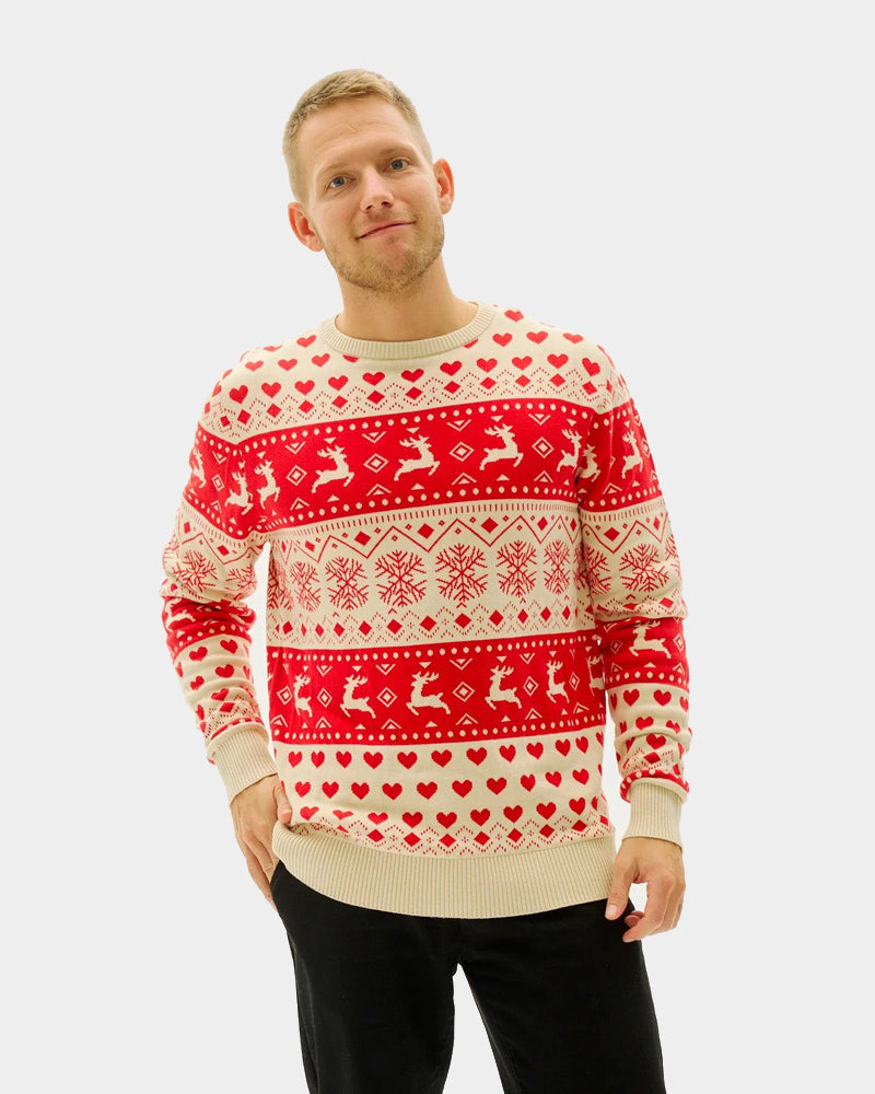 Mens Red & Beige Organic Cotton Couple's Ugly Christmas Sweater with Hearts