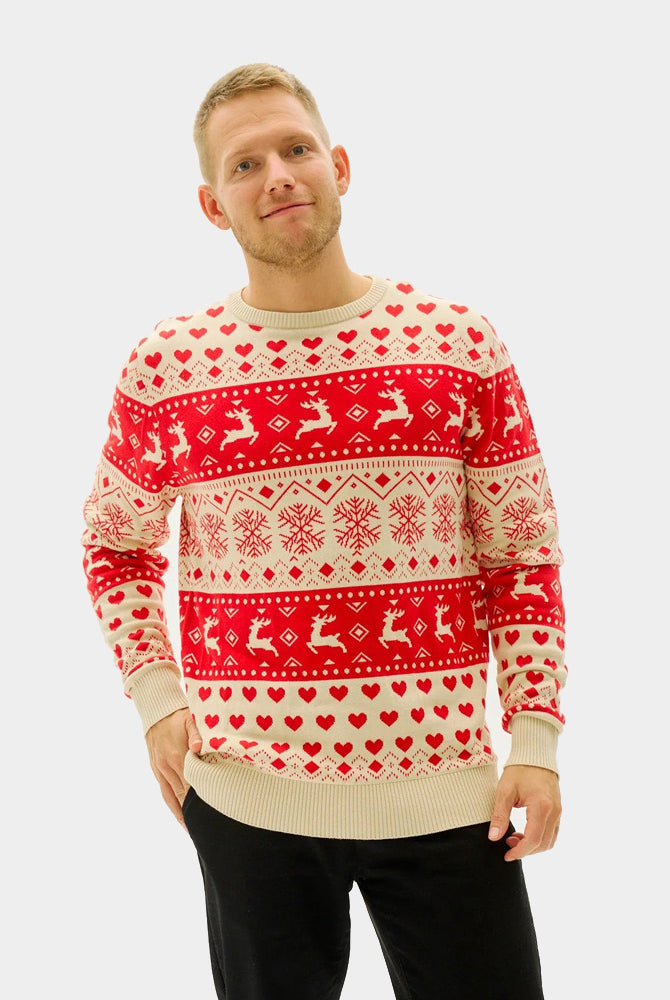 Mens Red & Beige Organic Cotton Couple's Ugly Christmas Sweater with Hearts