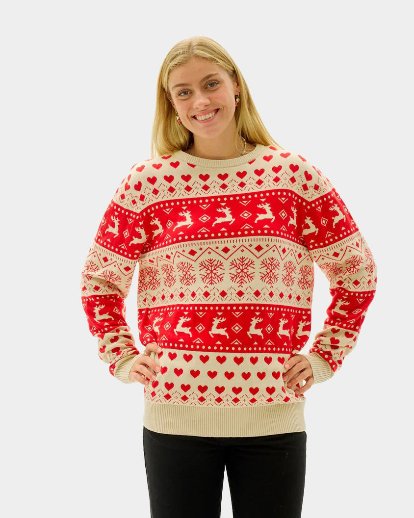 Womens Red & Beige Organic Cotton Couple's Ugly Christmas Sweater with Hearts