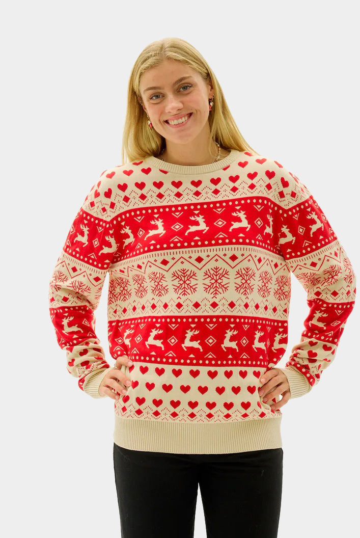 Womens Red & Beige Organic Cotton Couple's Ugly Christmas Sweater with Hearts