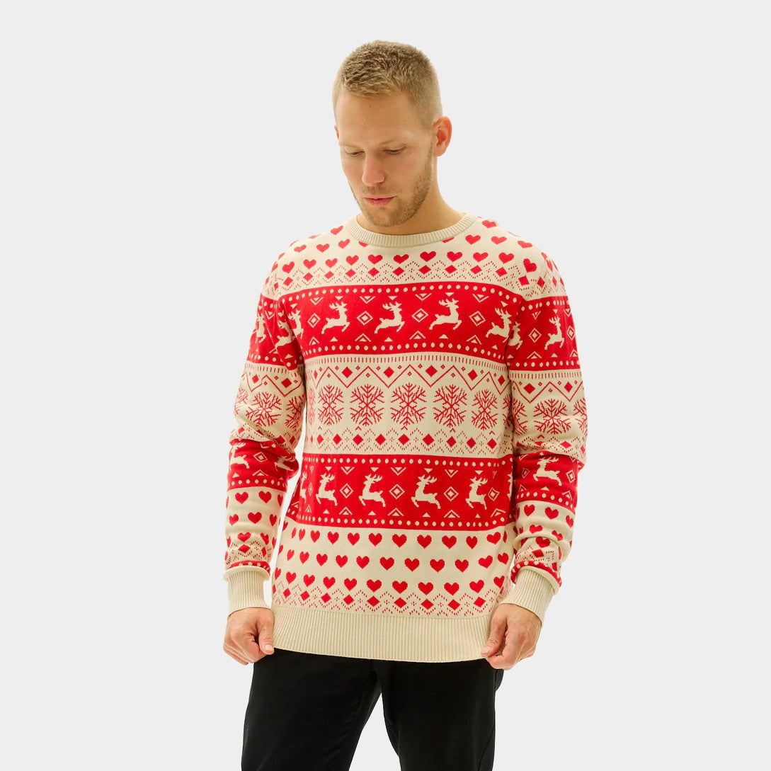 Red & Beige Organic Cotton Men's Ugly Christmas Sweater Hearts