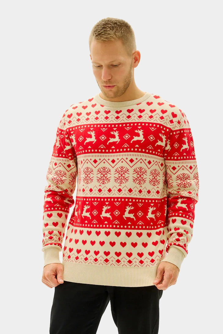 Red Beige Organic mens Cotton Womens Ugly Christmas Sweater Hearts