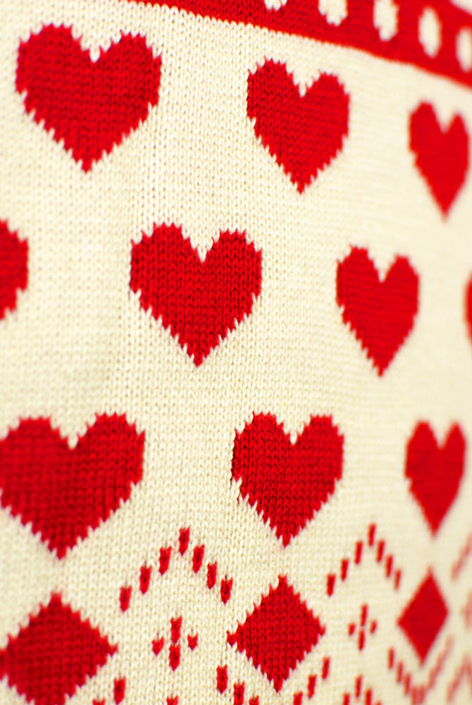 Red Beige Organic Cotton Womens Ugly Christmas Sweater Hearts detail