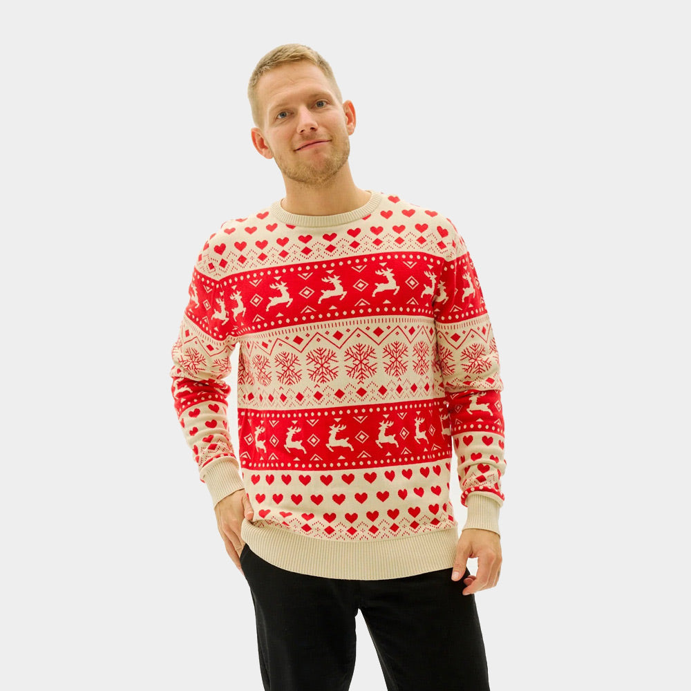 Red & Beige Organic Cotton Men's Ugly Christmas Sweater with Hearts