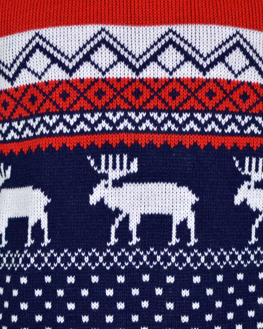 detail Red and Blue Couple's Ugly Christmas Sweater with Reindeers