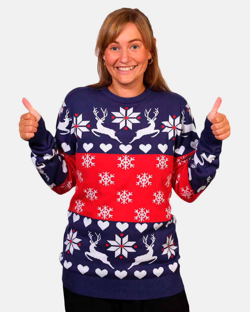 Red and Blue Couple's Ugly Christmas Sweater with Reindeers and Hearts womens