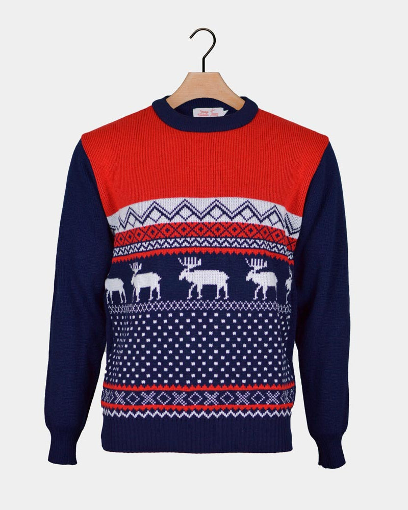 Red and Blue Couple's Ugly Christmas Sweater with Reindeers