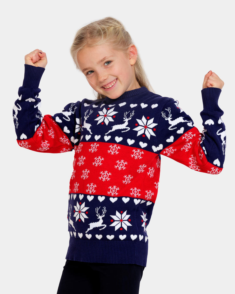 Red and Blue Girls Ugly Christmas Sweater with Reindeers and Hearts