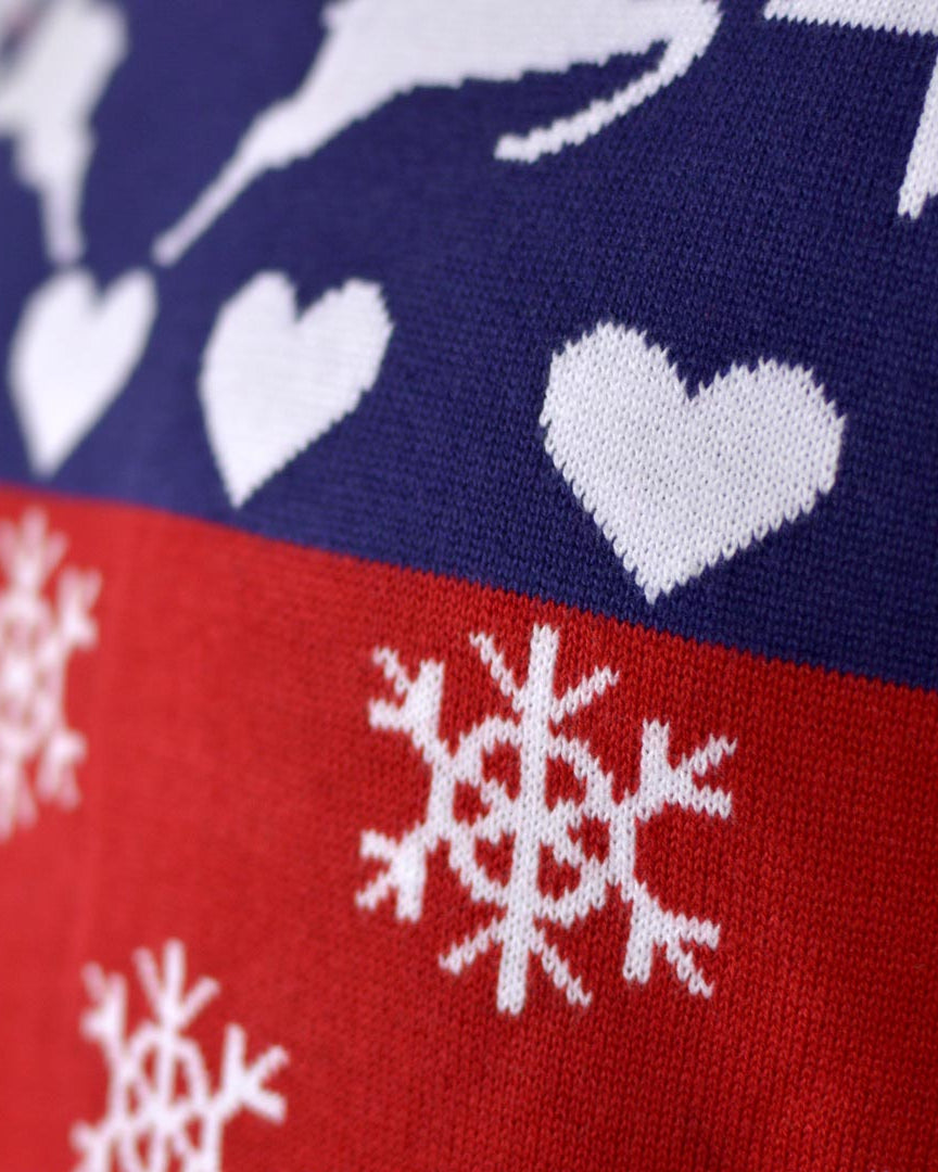 detail Red and Blue Men's Ugly Christmas Sweater with Reindeers and Hearts
