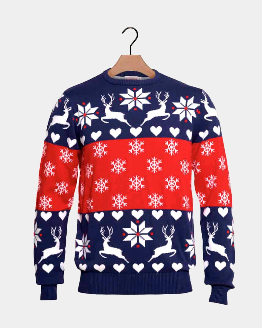 Red and Blue Men's Ugly Christmas Sweater with Reindeers and Hearts