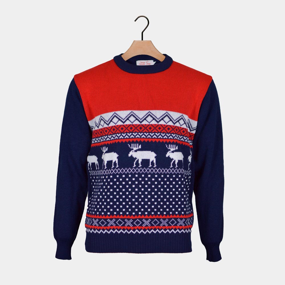 Red and Blue Men's Ugly Christmas Sweater with Reindeers