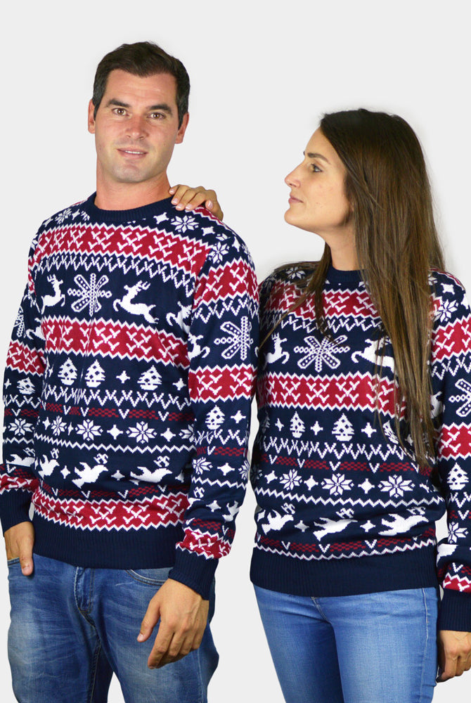 Red and Blue Strips Couple's Ugly Christmas Sweater