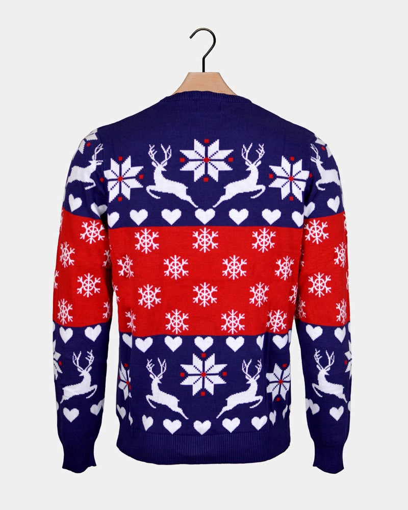 Red and Blue Women's Ugly Christmas Sweater with Reindeers and Hearts Back