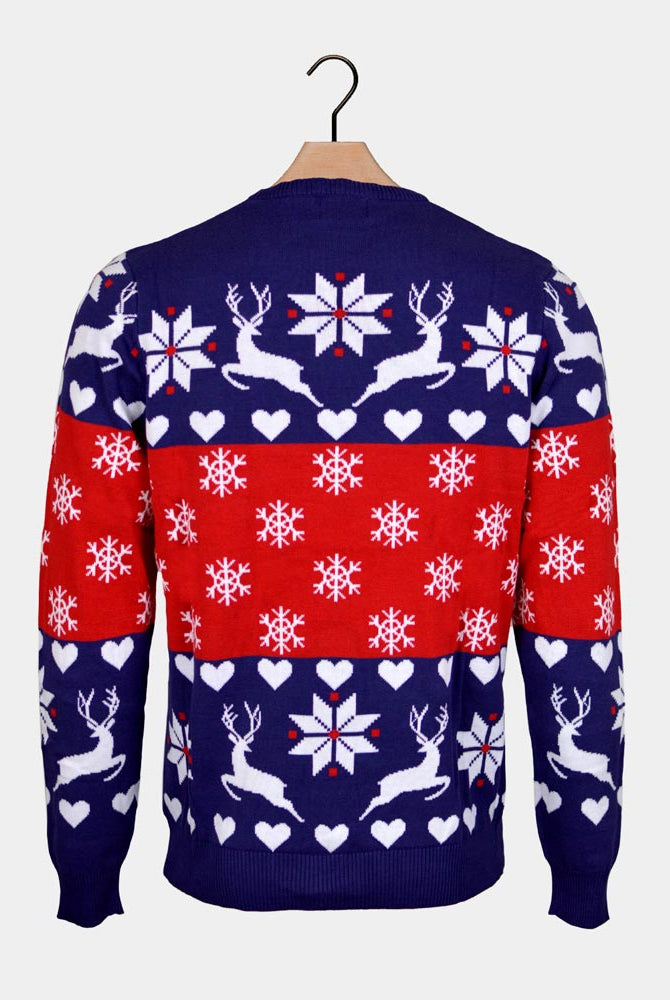 Red and Blue Women's Ugly Christmas Sweater with Reindeers and Hearts Back