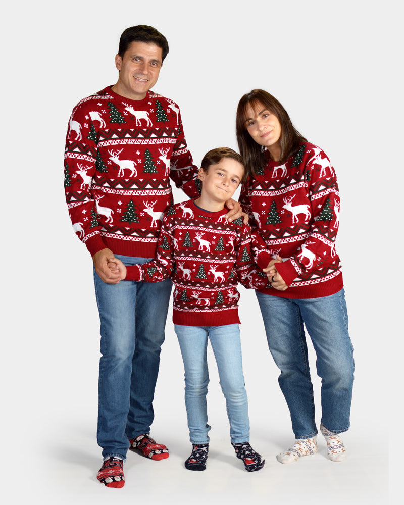 Children's Red Ugly Christmas Sweater with Reindeer and Christmas Trees Family