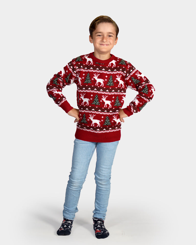 Children's Red Ugly Christmas Sweater with Reindeer and Christmas Trees
