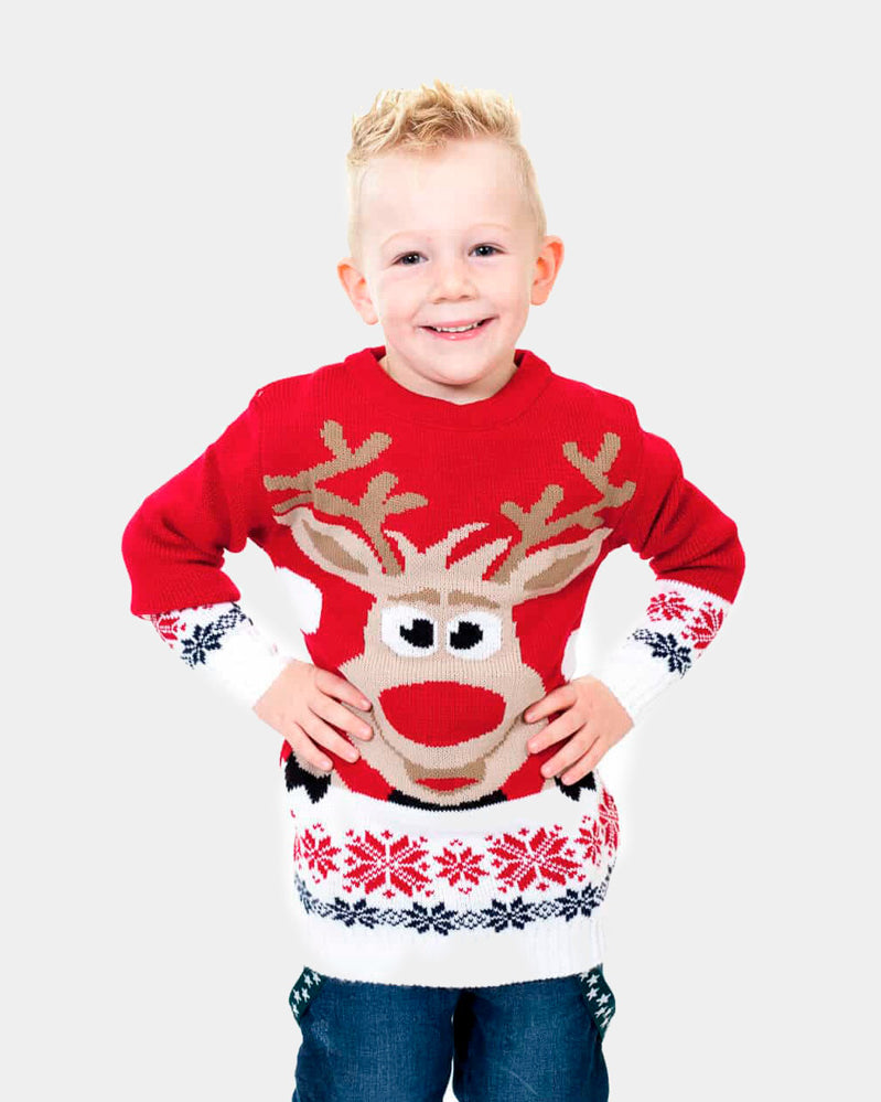 Red Boys Ugly Christmas Sweater with Reindeer and Snow