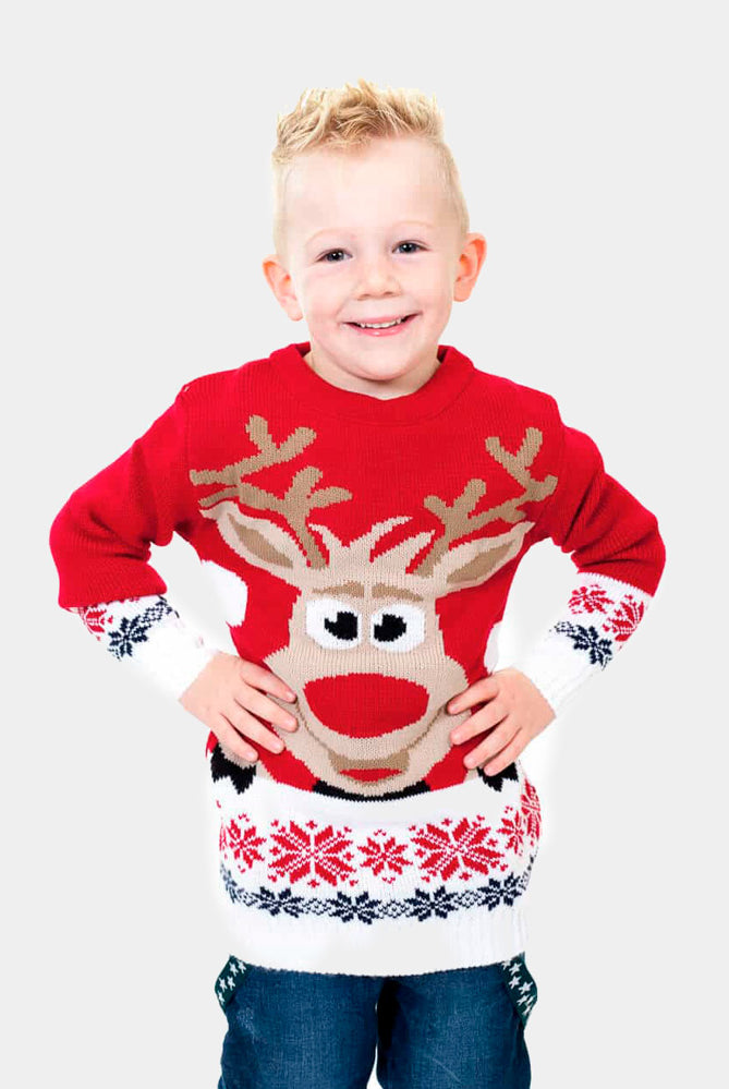 Red Boys Ugly Christmas Sweater with Reindeer and Snow