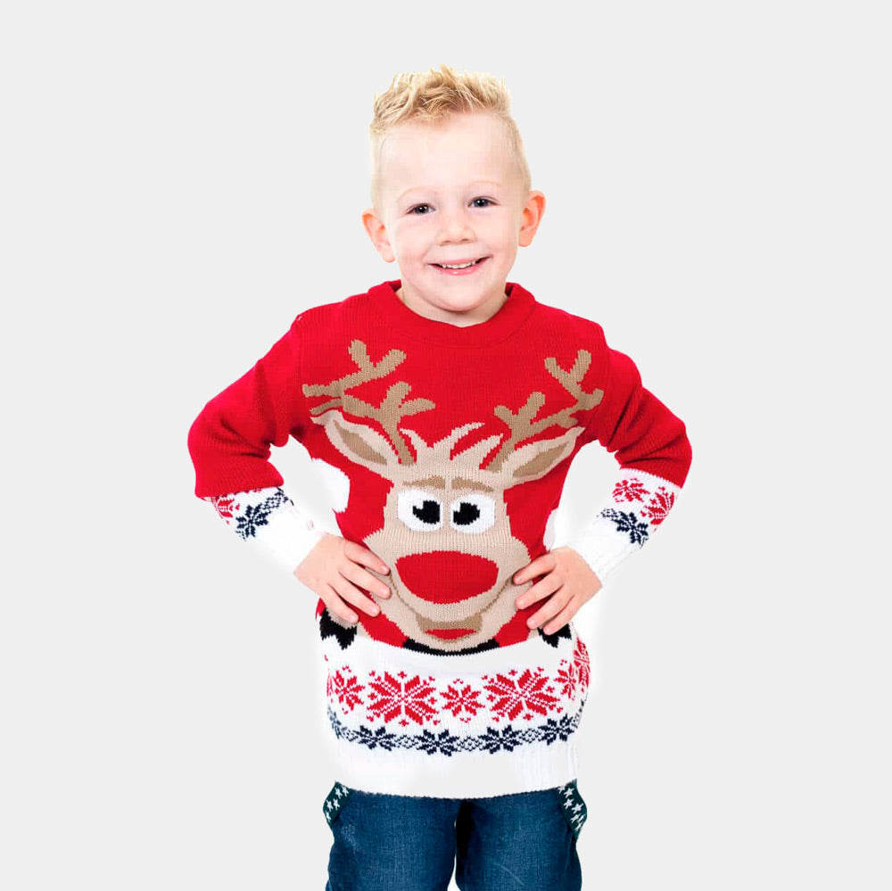 Red Boys Ugly Christmas Sweater with Reindeer and Snow