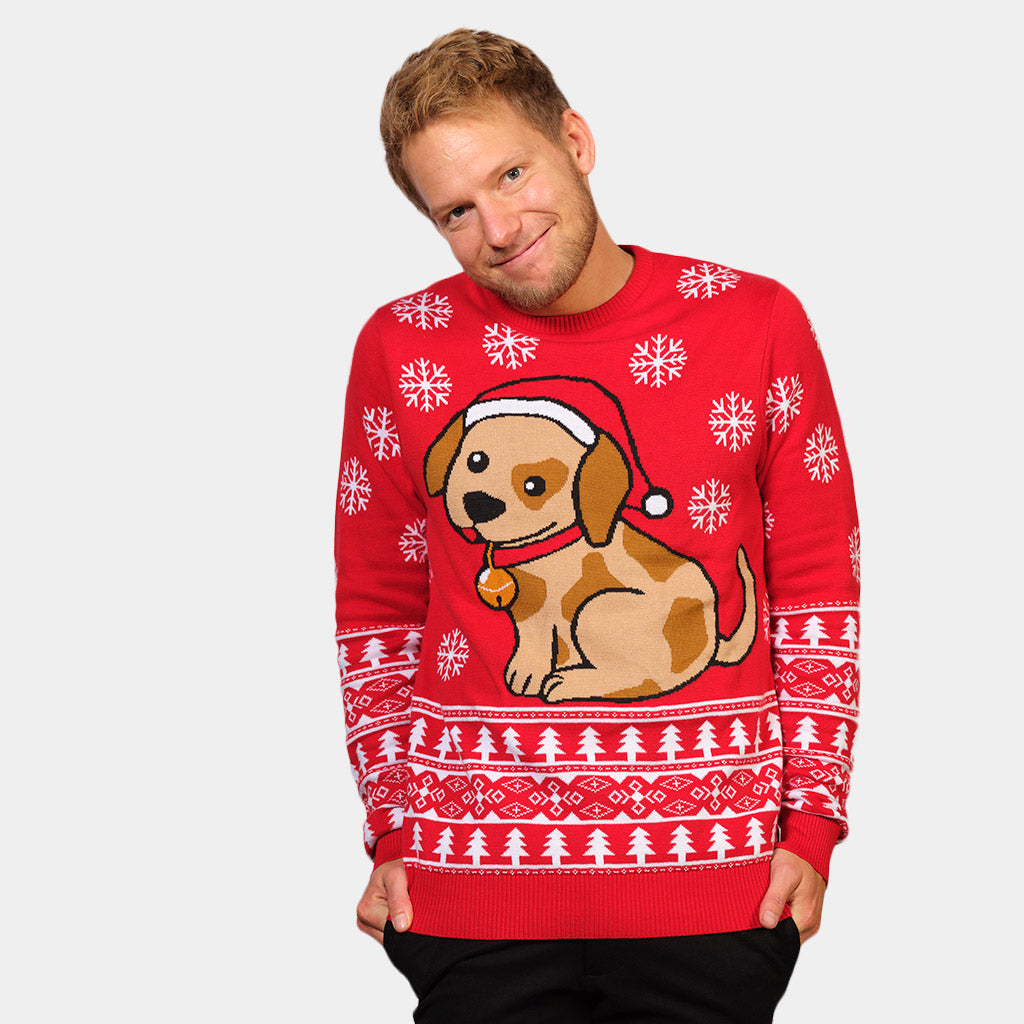 Mens Red Couple's Ugly Christmas Sweater with Puppy