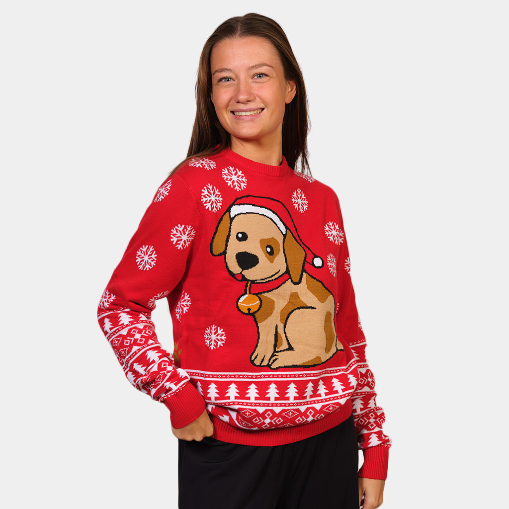 Womens Red Couple's Ugly Christmas Sweater with Puppy
