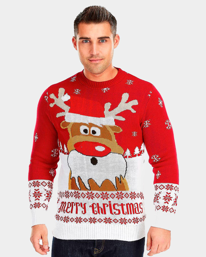 Mens Red Couple's Ugly Christmas Sweater with Reindeer