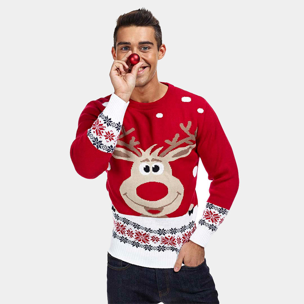 Mens Red Couple's Ugly Christmas Sweater with Reindeer and Snow