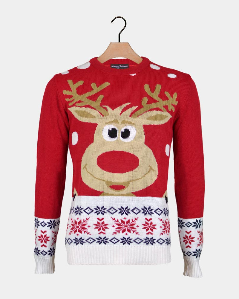 Red Couple's Ugly Christmas Sweater with Reindeer and Snow