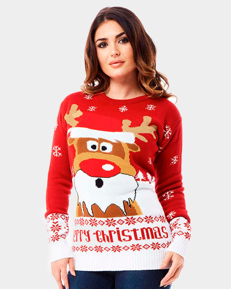Womens Red Couple's Ugly Christmas Sweater with Reindeer
