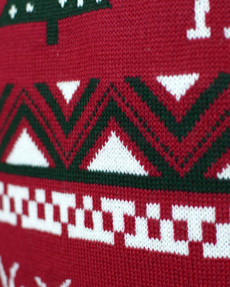 Red Couple's Ugly Christmas Sweater with Reindeers and Christmas Trees Detail