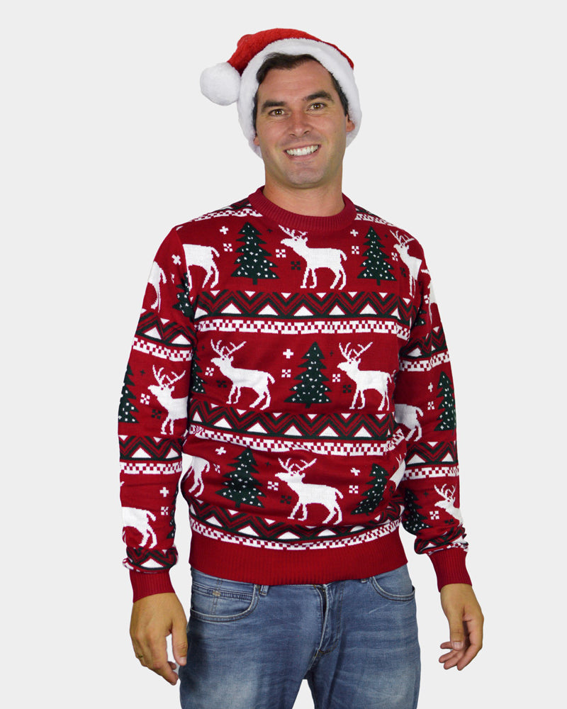 Mens Red Couple's Ugly Christmas Sweater with Reindeers and Christmas Trees