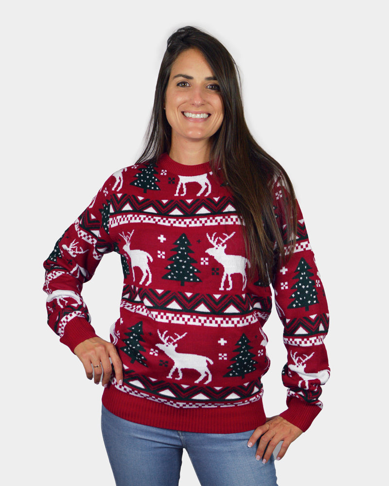 Womens Red Couple's Ugly Christmas Sweater with Reindeers and Christmas Trees