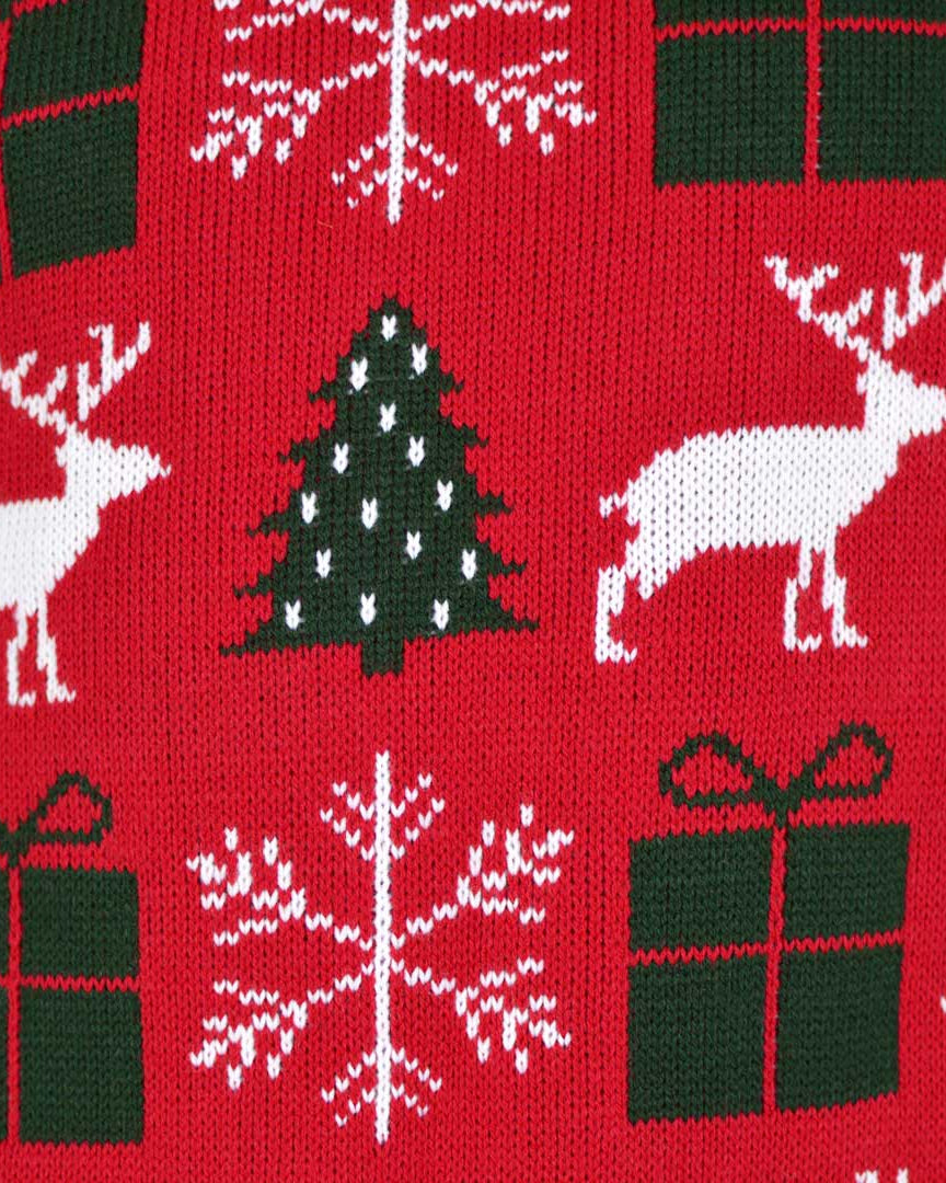 detail Red Couple's Ugly Christmas Sweater with Reindeers, Gifts and Trees