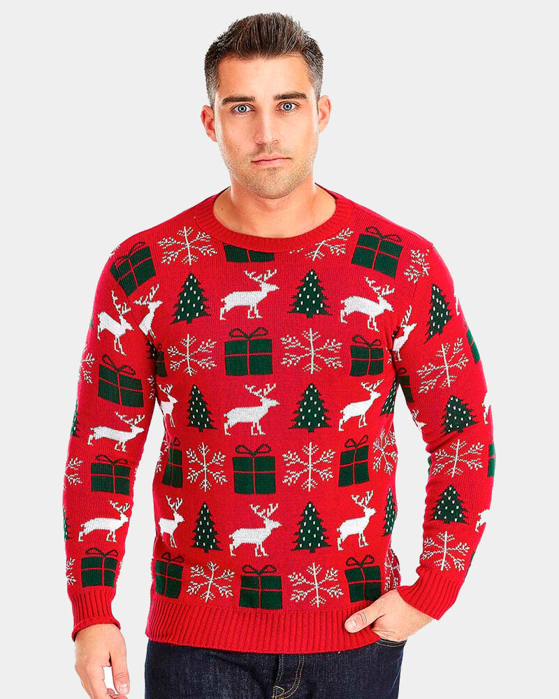 mens Red Couple's Ugly Christmas Sweater with Reindeers, Gifts and Trees
