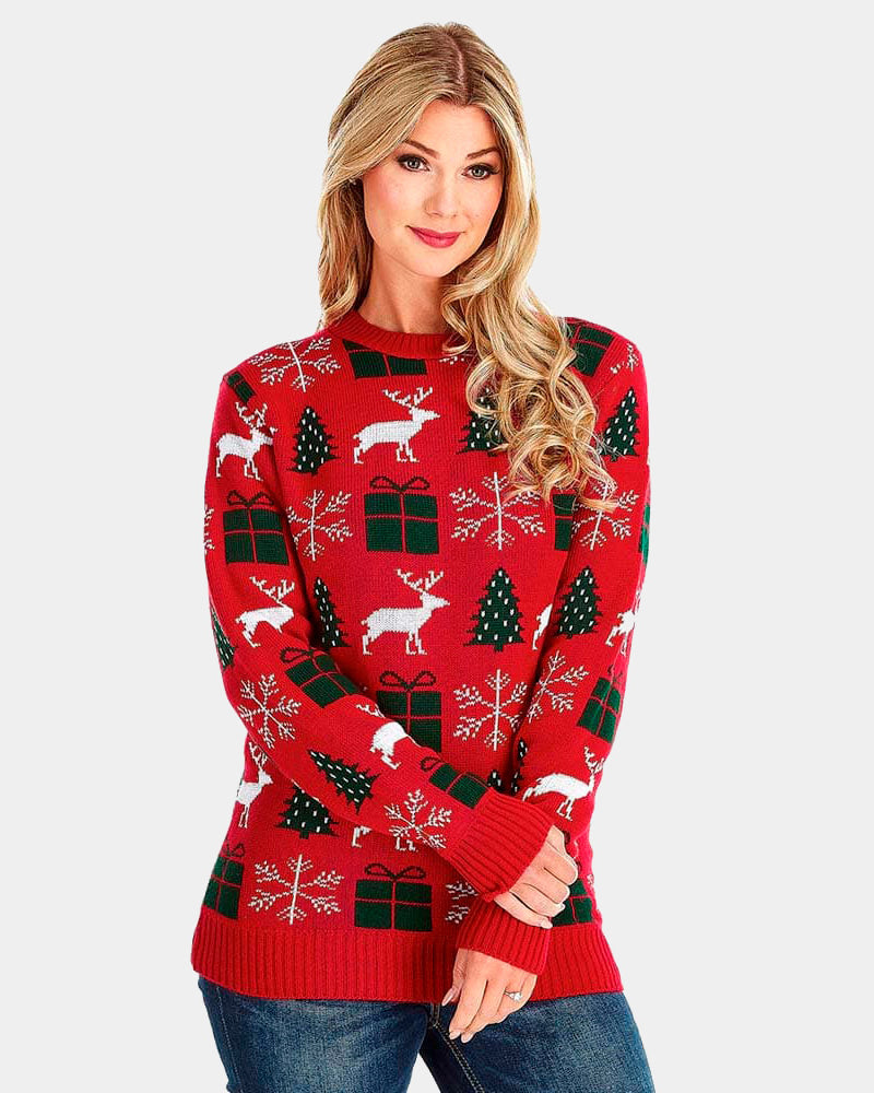 Womens Red Couple's Ugly Christmas Sweater with Reindeers, Gifts and Trees